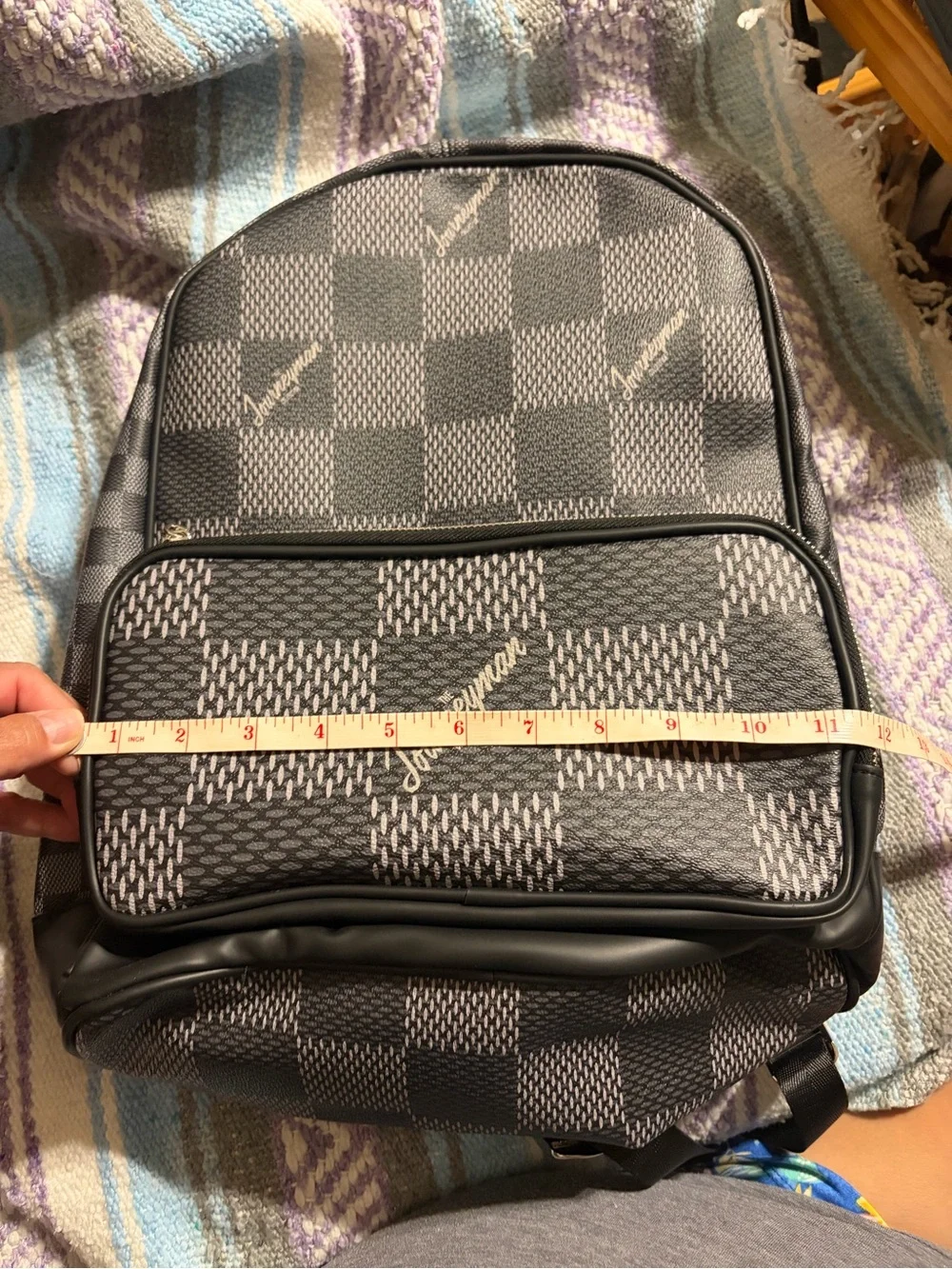 Men's/Women’s Grey and black Checkered Backpack with Front Zip Pocket